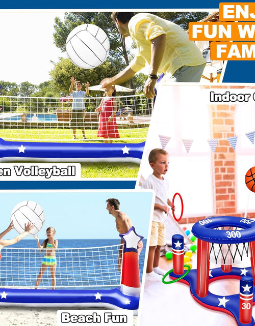 Load image into Gallery viewer, Large Inflatable Pool Games Volleyball Net &amp; Basketball Hoop with 2 Beach Balls American Flag Swimming Pool Water Toys for Adult Kids Pool Floating Patriotic Party Supplies(116”X46”X30”) Hoop(31”X24”)
