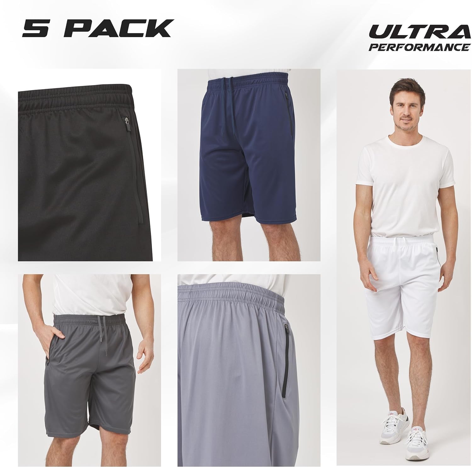 Mens Athletic Running Shorts Dry Fit Active Shorts with Zippered Pockets 5 Pack