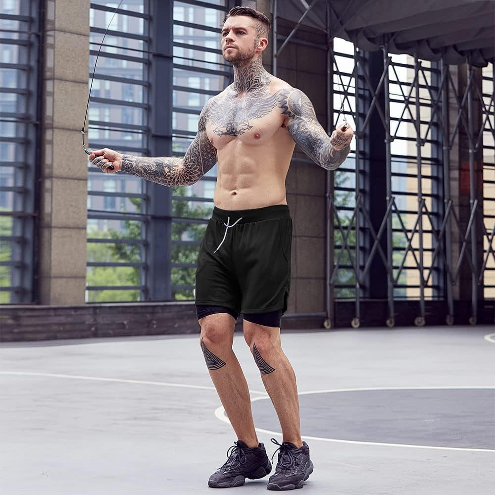 Mens Athletic Shorts 2-In-1 Gym Workout Running 7'' Shorts with Towel Loop