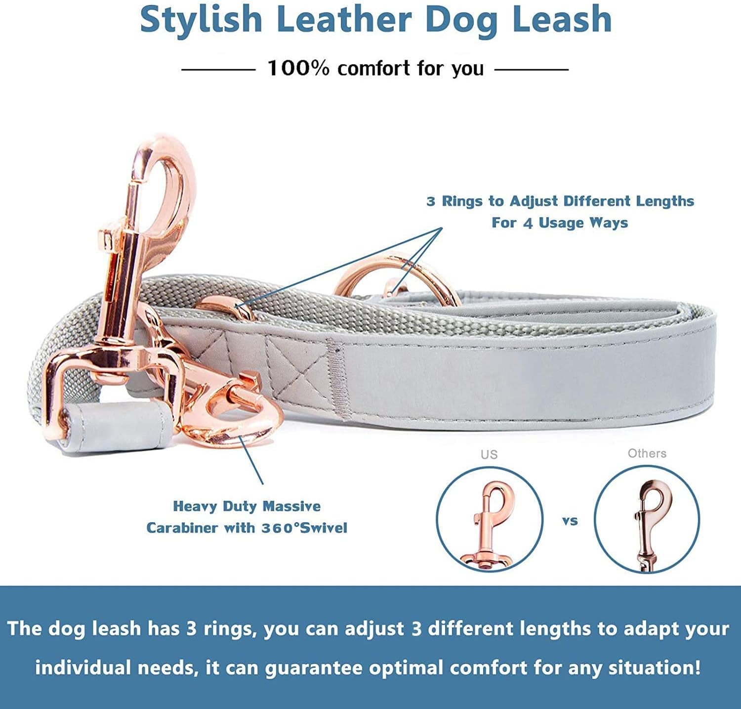 Soft Leather Dog Collar and Leash (6.6') Set - Stylish Rose Gold Heavy Duty Metal Buckle, 4 Adjustable Lengths Leash for Small Medium Large Dogs - Comfortable & Easy to Clean