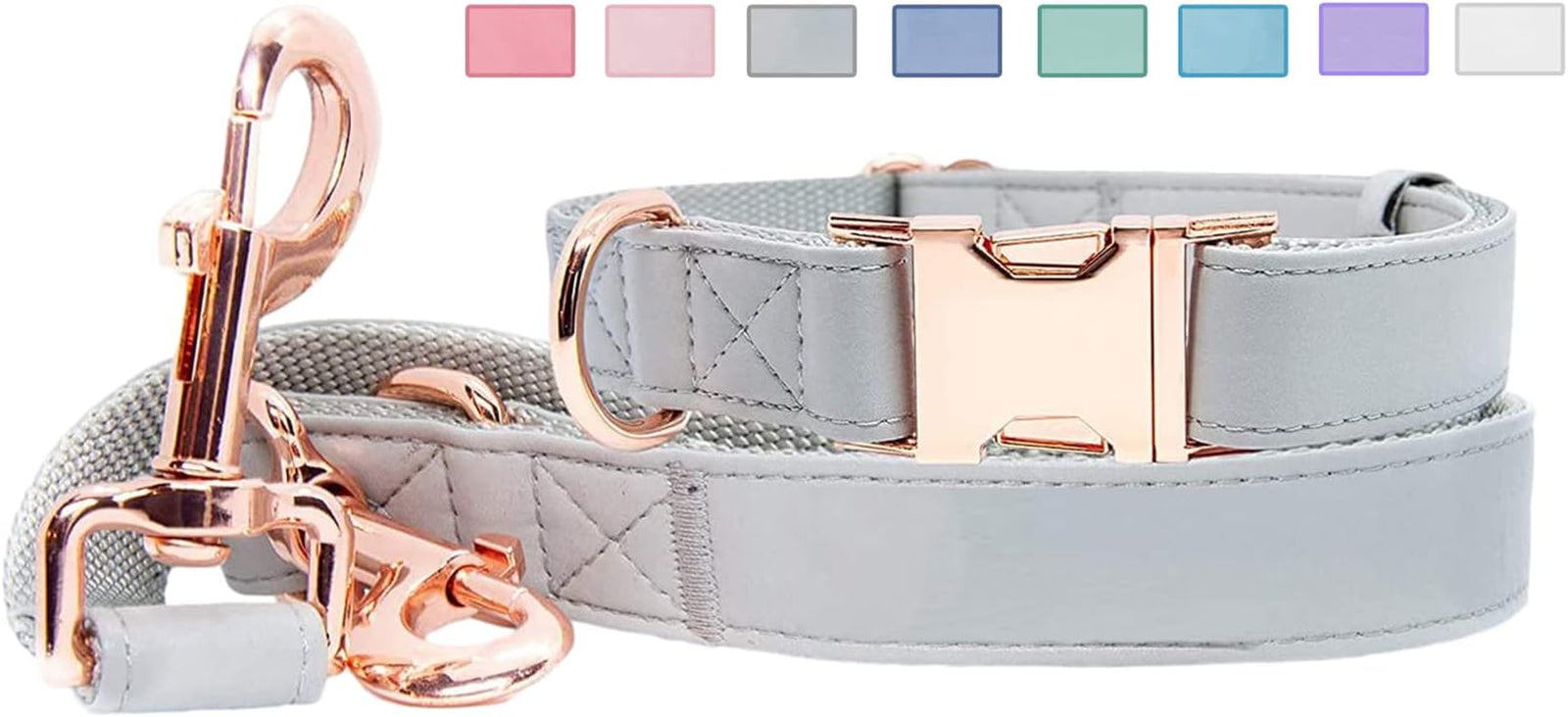 Soft Leather Dog Collar and Leash (6.6') Set - Stylish Rose Gold Heavy Duty Metal Buckle, 4 Adjustable Lengths Leash for Small Medium Large Dogs - Comfortable & Easy to Clean