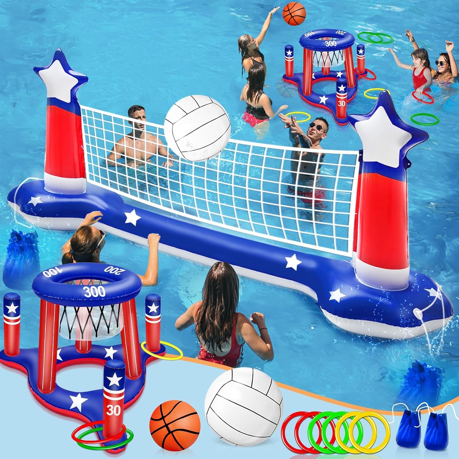 Large Inflatable Pool Games Volleyball Net & Basketball Hoop with 2 Beach Balls American Flag Swimming Pool Water Toys for Adult Kids Pool Floating Patriotic Party Supplies(116”X46”X30”) Hoop(31”X24”)