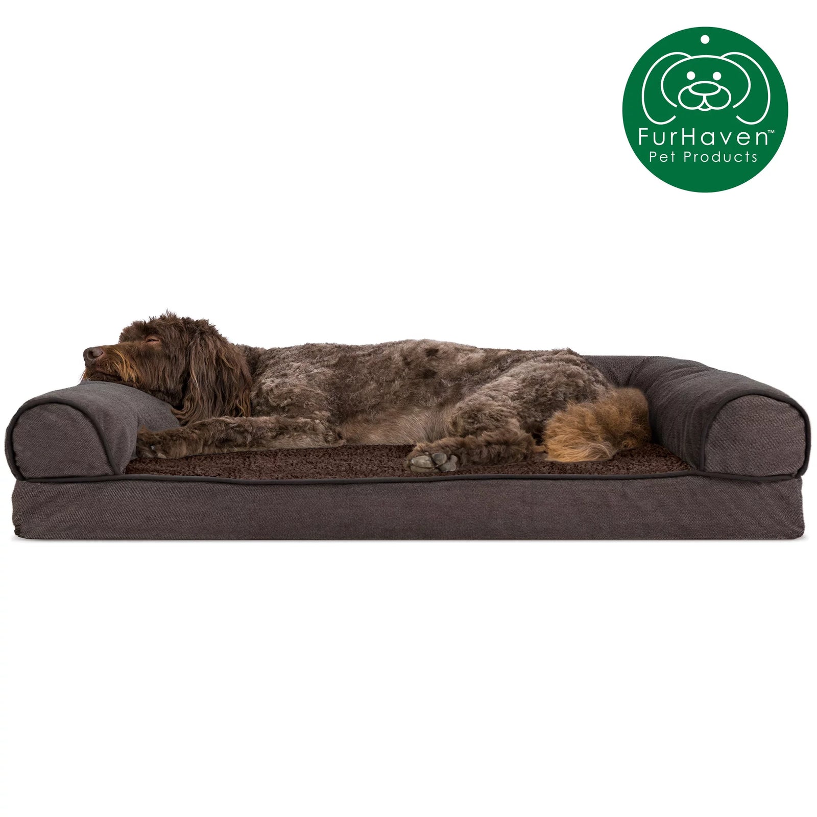 Pet Products Faux Fleece & Chenille Memory Top Sofa Pet Bed for Dogs & Cats - Coffee, Large