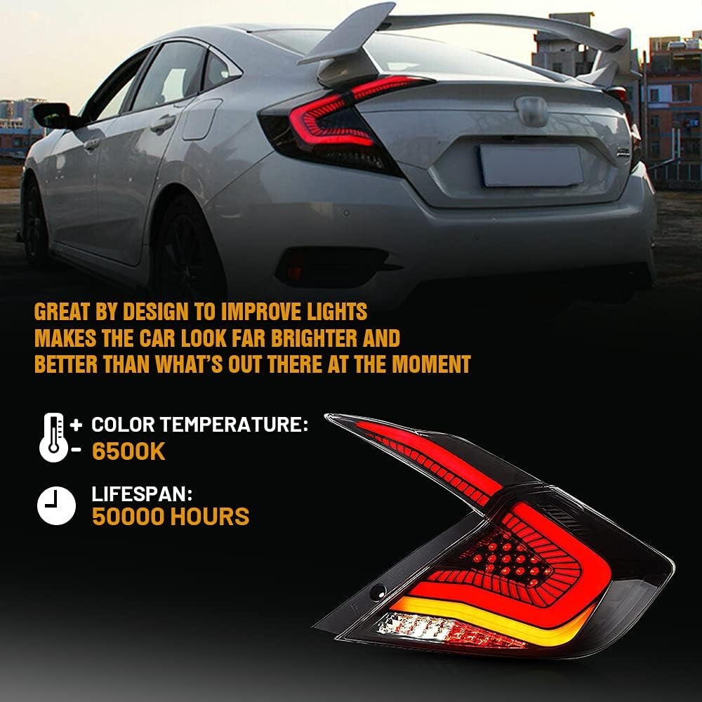 New Taillights for Honda Civic Sedan Tail Light 2016-2021 LX Touring EX EX-L Sport 10Th Gen Accessories Smoke Led Sequential Turn Signal Animation Rear Lights DRL Custom FC1 Back Lamp Replacement (S4)