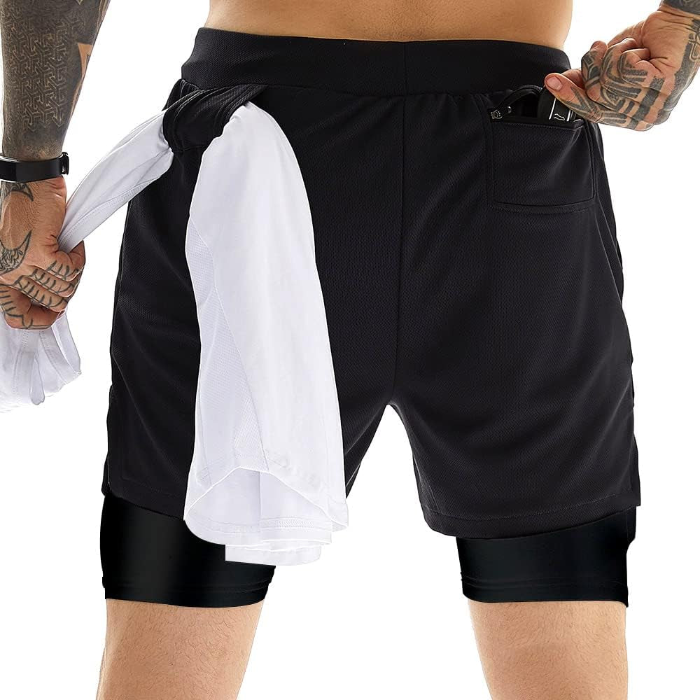 Mens Athletic Shorts 2-In-1 Gym Workout Running 7'' Shorts with Towel Loop