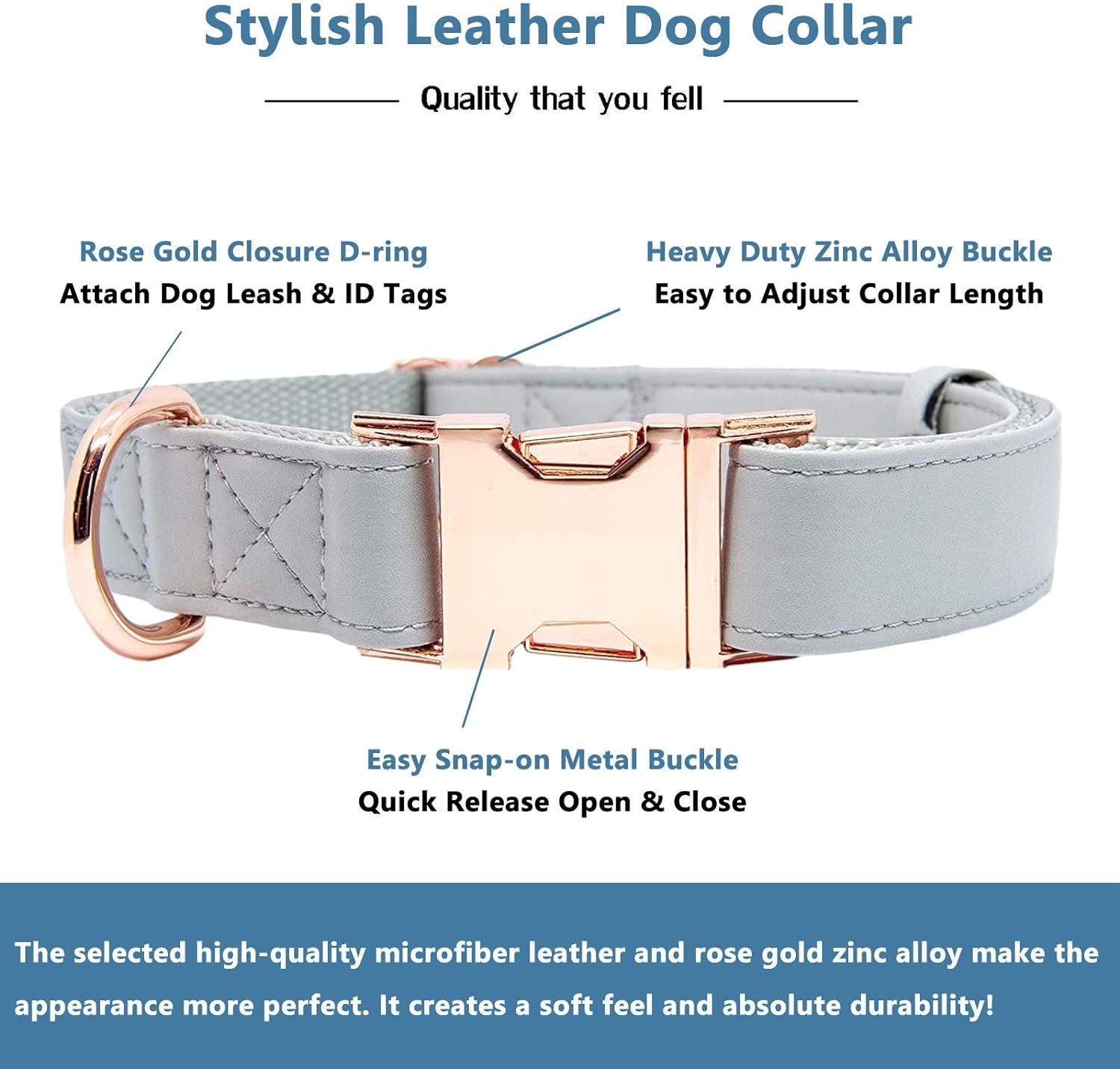 Soft Leather Dog Collar and Leash (6.6') Set - Stylish Rose Gold Heavy Duty Metal Buckle, 4 Adjustable Lengths Leash for Small Medium Large Dogs - Comfortable & Easy to Clean