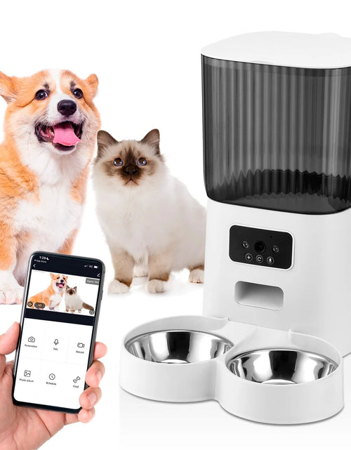 Load image into Gallery viewer, Automatic Pet Feeder with Camera for 2 Pets, 1080P Camera 5L Cat Feeder with 2 Stainless Steel Bowls, Two Way Talk, Remote APP Control Support 2.4G Wifi
